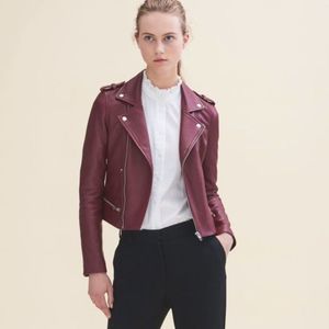 Maje Basalt Leather Bordeaux Crop Moto Jacket 36